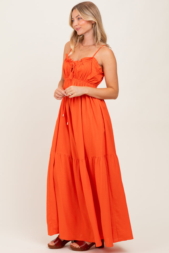 Orange Gathered Front Tie Maxi Dress