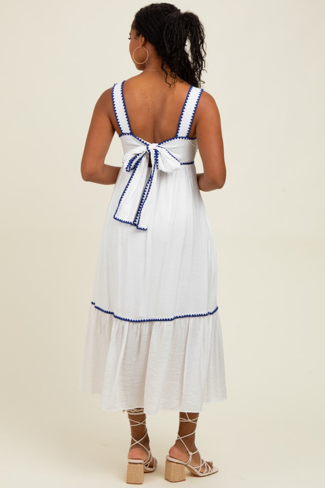 White Floral Embroidered Cutout Tie Back Midi Dress