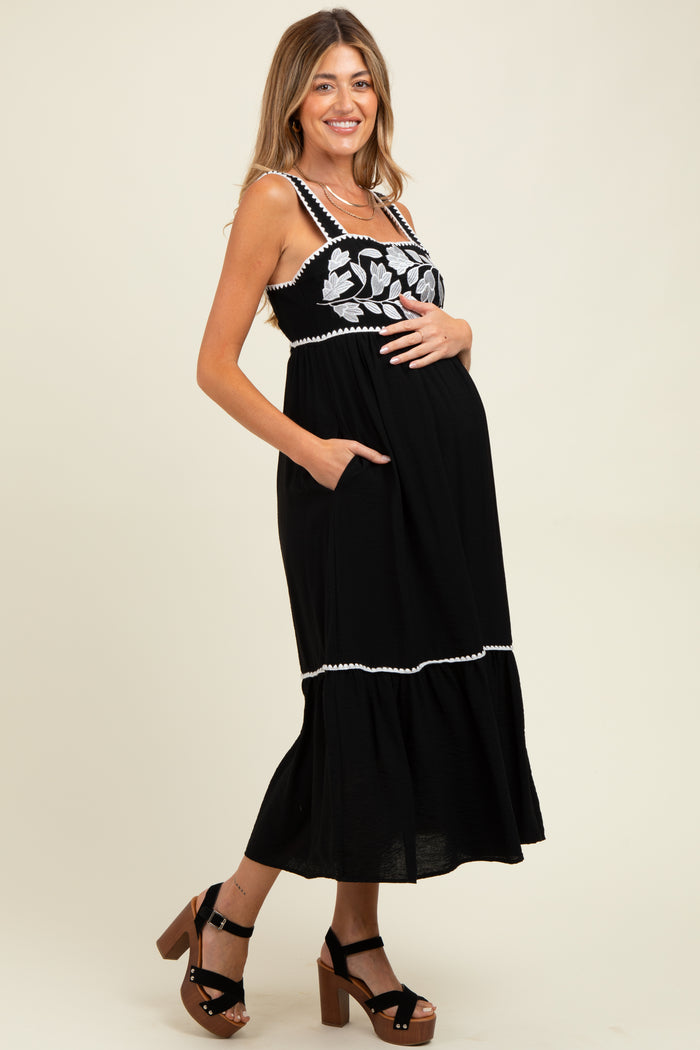 Black Floral Embroidered Cutout Tie Back Maternity Midi Dress