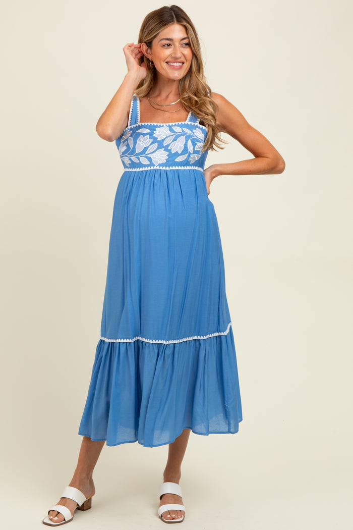 Blue Floral Embroidered Cutout Tie Back Maternity Midi Dress