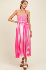 Pink Striped Smocked Shoulder Tie Maternity Midi Dress