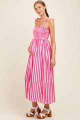 Pink Striped Smocked Shoulder Tie Maternity Midi Dress