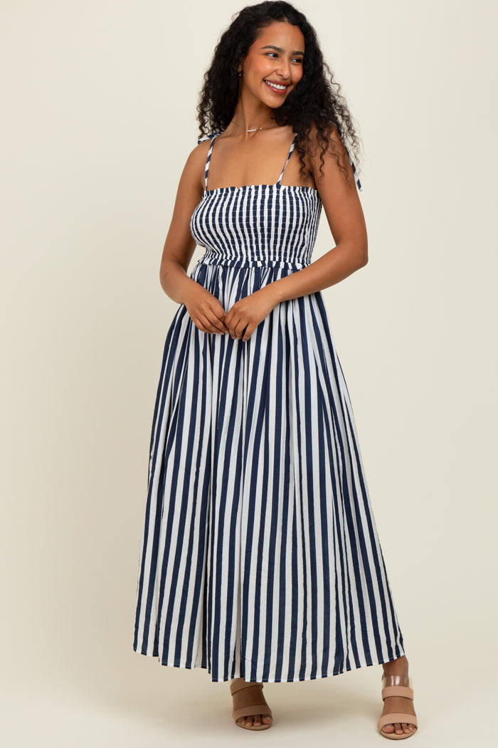 Navy Striped Smocked Shoulder Tie Midi Dress
