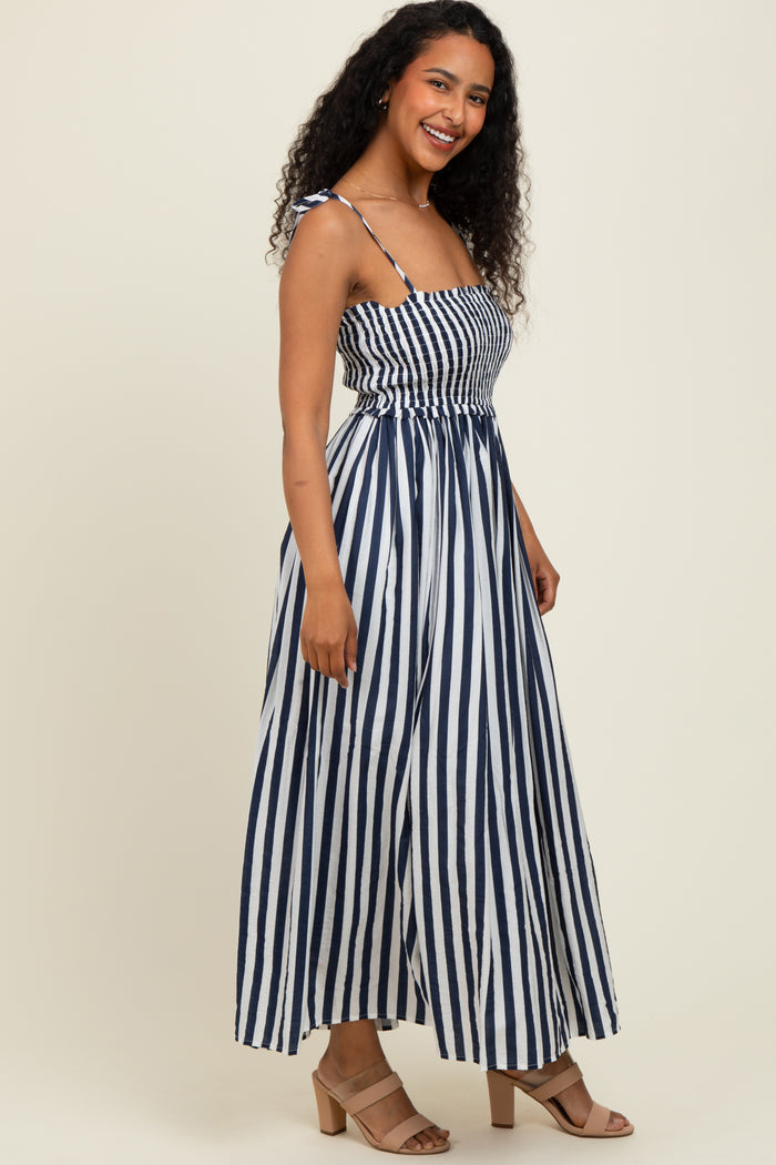 Navy Striped Smocked Shoulder Tie Midi Dress