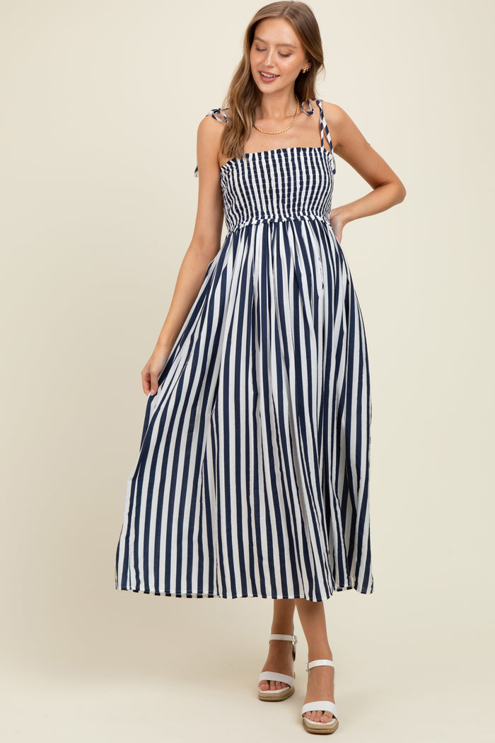 Navy Striped Smocked Shoulder Tie Maternity Midi Dress