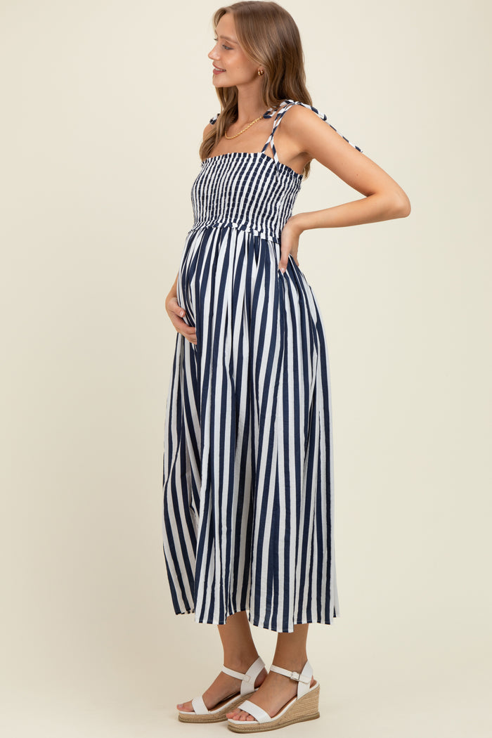 Navy Striped Smocked Shoulder Tie Maternity Midi Dress