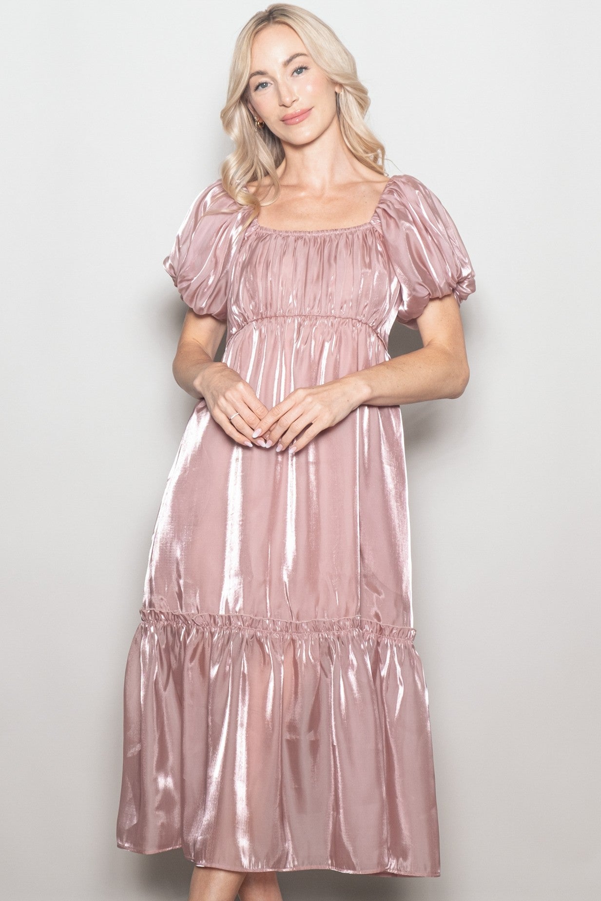 Pink Organza Puff Sleeve Maternity Midi Dress