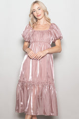 Pink Organza Puff Sleeve Maternity Midi Dress