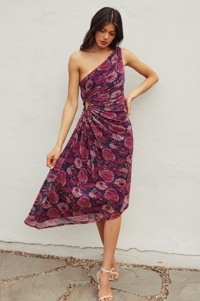 Magenta Floral One Shoulder Asymmetrical Maternity Midi Dress