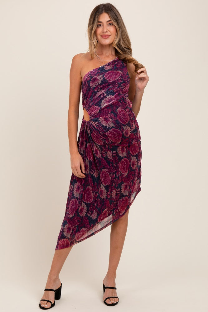Magenta Floral One Shoulder Asymmetrical Maternity Midi Dress