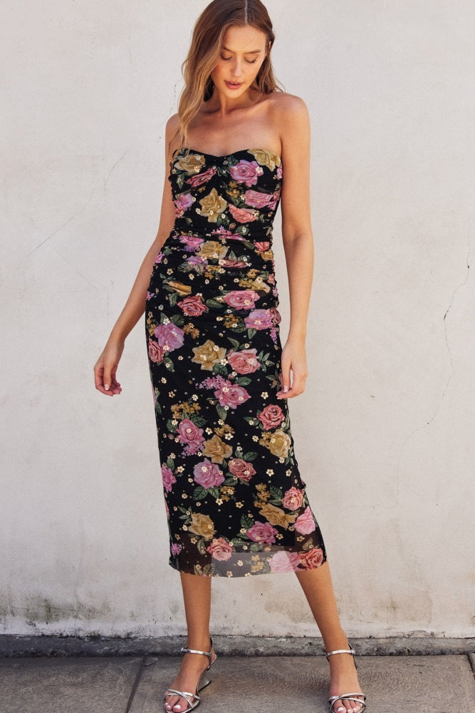 Black Floral Mesh Strapless Fitted Midi Dress
