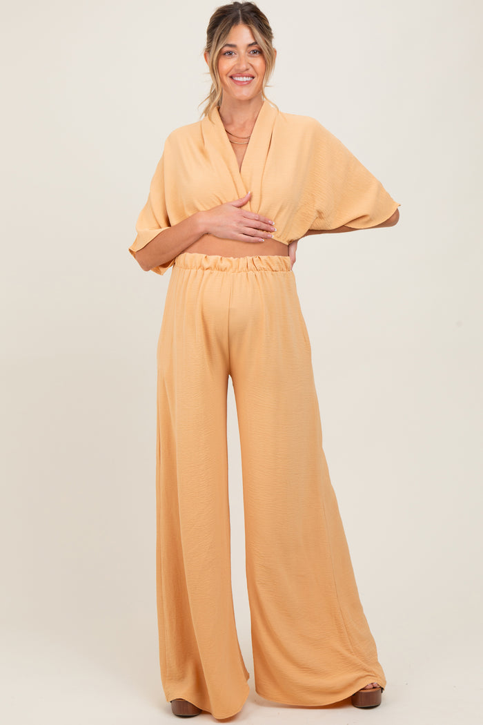 Peach Crop Blouse Wide Leg Pant Maternity Set