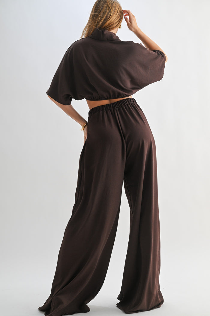 Brown Crop Blouse Wide Leg Pant Set