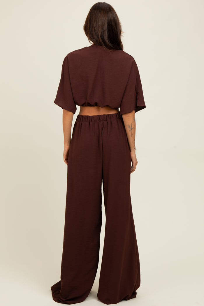 Brown Crop Blouse Wide Leg Pant Set