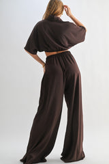 Brown Crop Blouse Wide Leg Pant Set