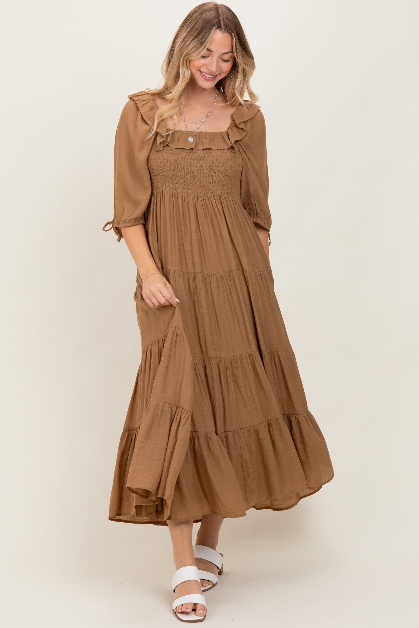 Mocha Smocked Ruffle Detail Tiered Maternity Midi Dress