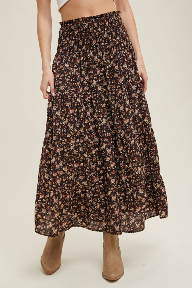 Brown Floral Smocked Waist Maxi Skirt