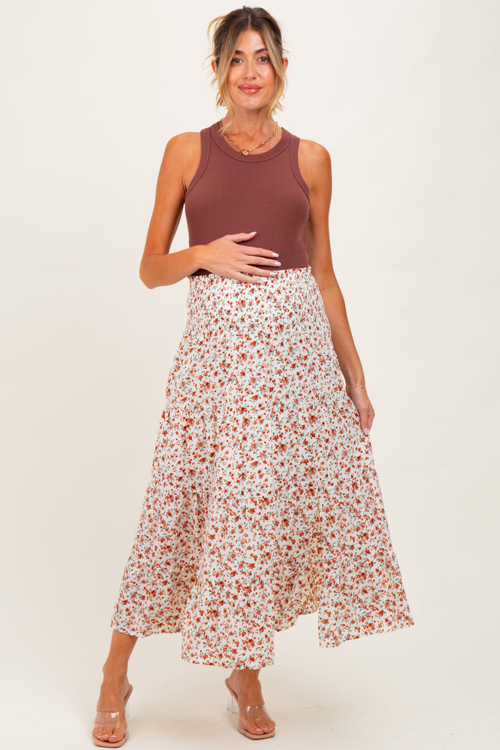 Ivory Floral Smocked Waist Maternity Maxi Skirt