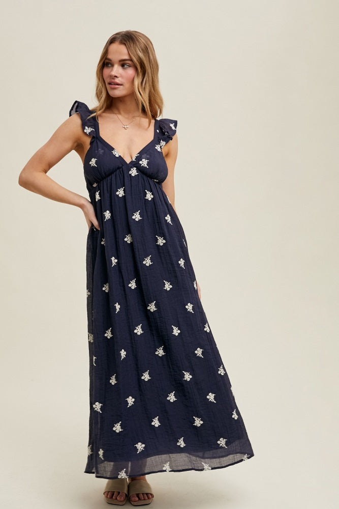 Navy Floral Embroidered V-Neck Midi Dress