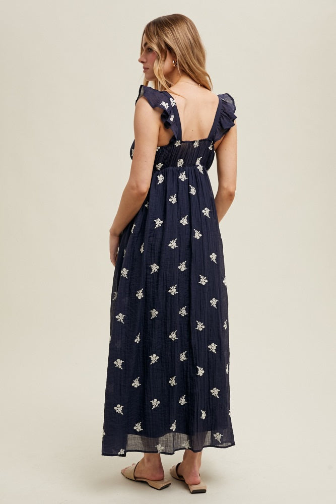 Navy Floral Embroidered V-Neck Midi Dress