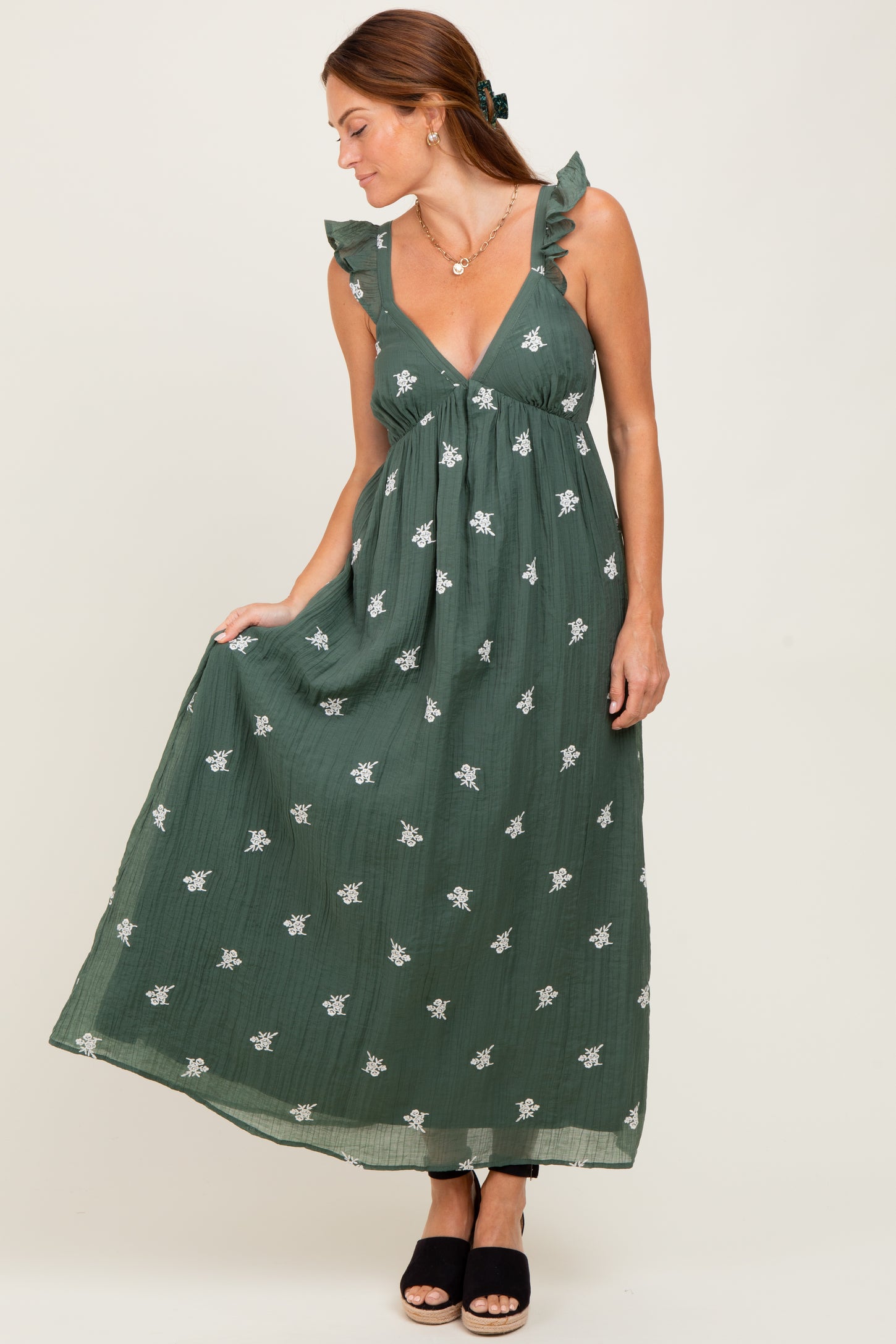 Forest Green Floral Embroidered V-Neck Midi Dress