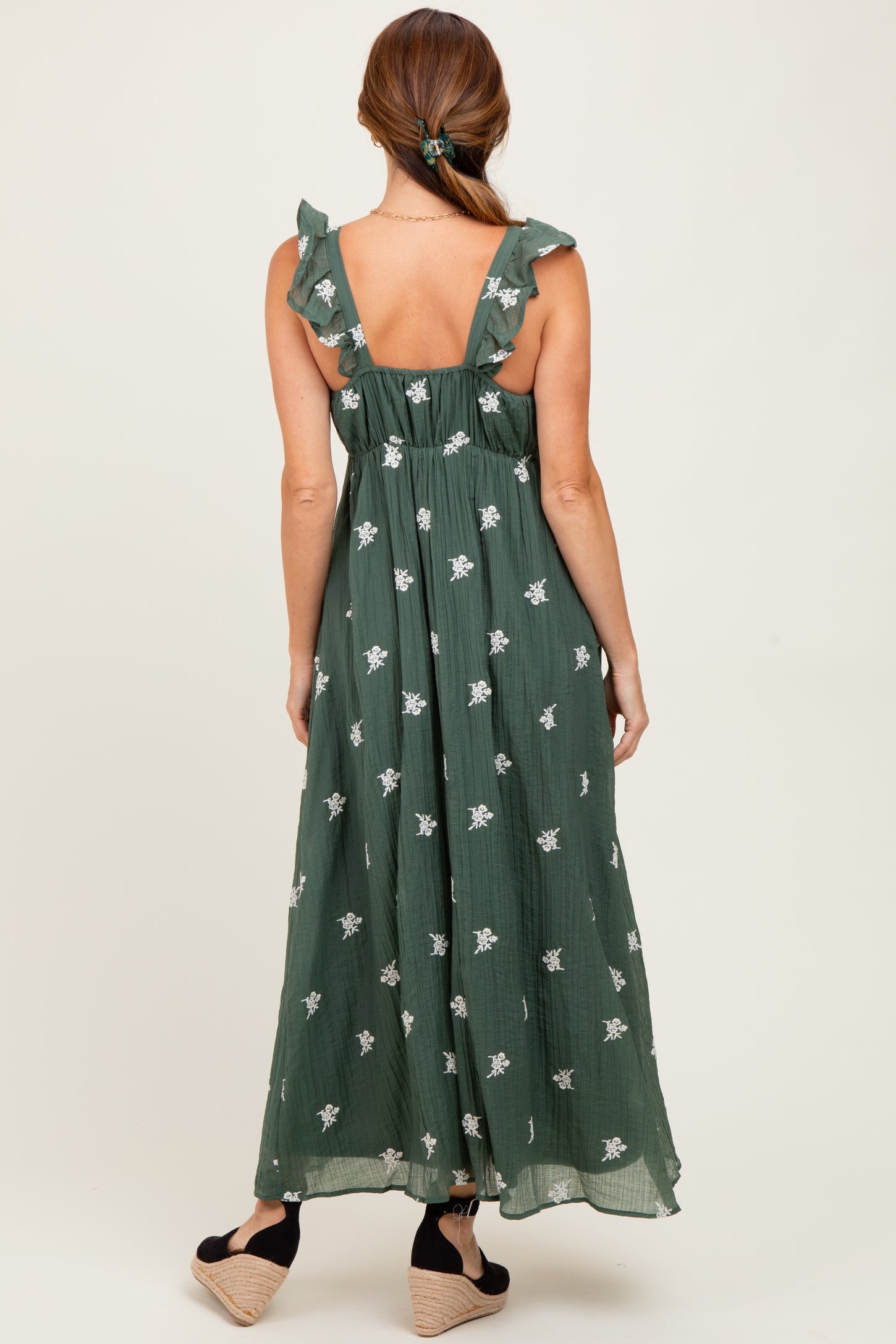 Forest Green Floral Embroidered V-Neck Midi Dress