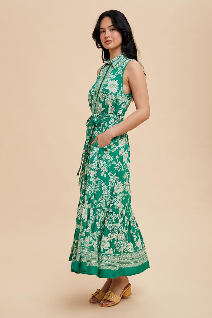 Green Floral Border Print Lapel Button Down Maxi Dress