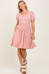 Mauve Square Neck Puff Sleeve Rib Babydoll Dress
