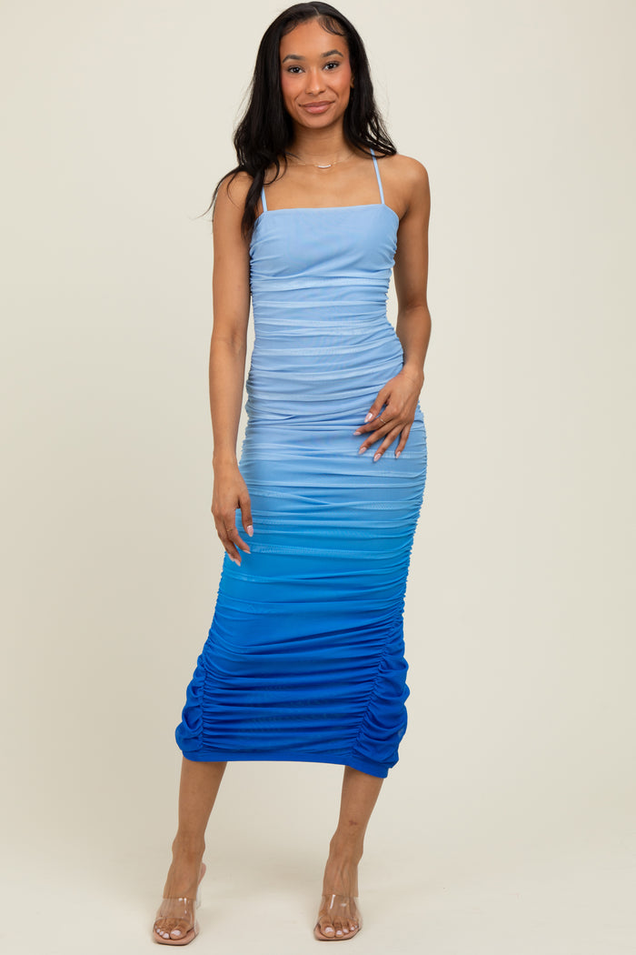 Blue Mesh Ombre Ruched Maternity Midi Dress
