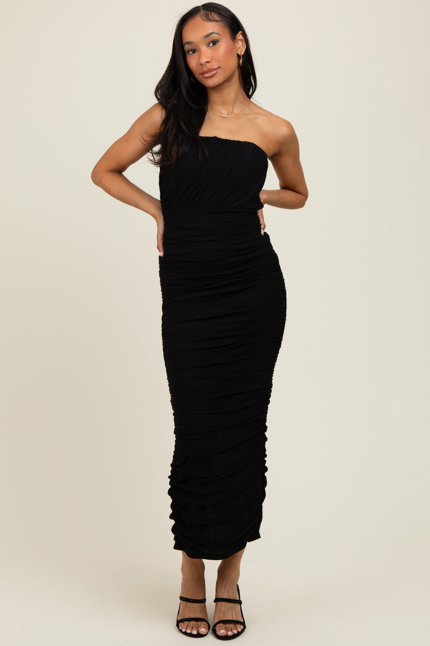 Black Mesh Strapless Ruched Maternity Dress