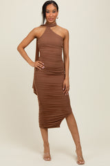 Mocha Mesh Draped Scarf Ruched Maternity Midi Dress