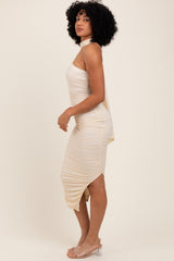 Ivory Mesh Draped Scarf Ruched Midi Dress