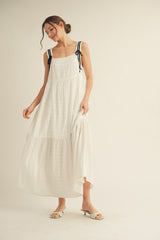 White Bow Tie Accent Tiered Maxi Dress