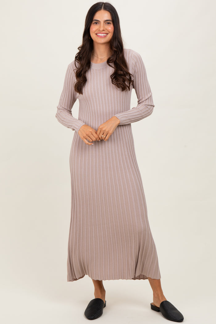 Beige Ribbed Long Sleeve Sweater Midi Dress
