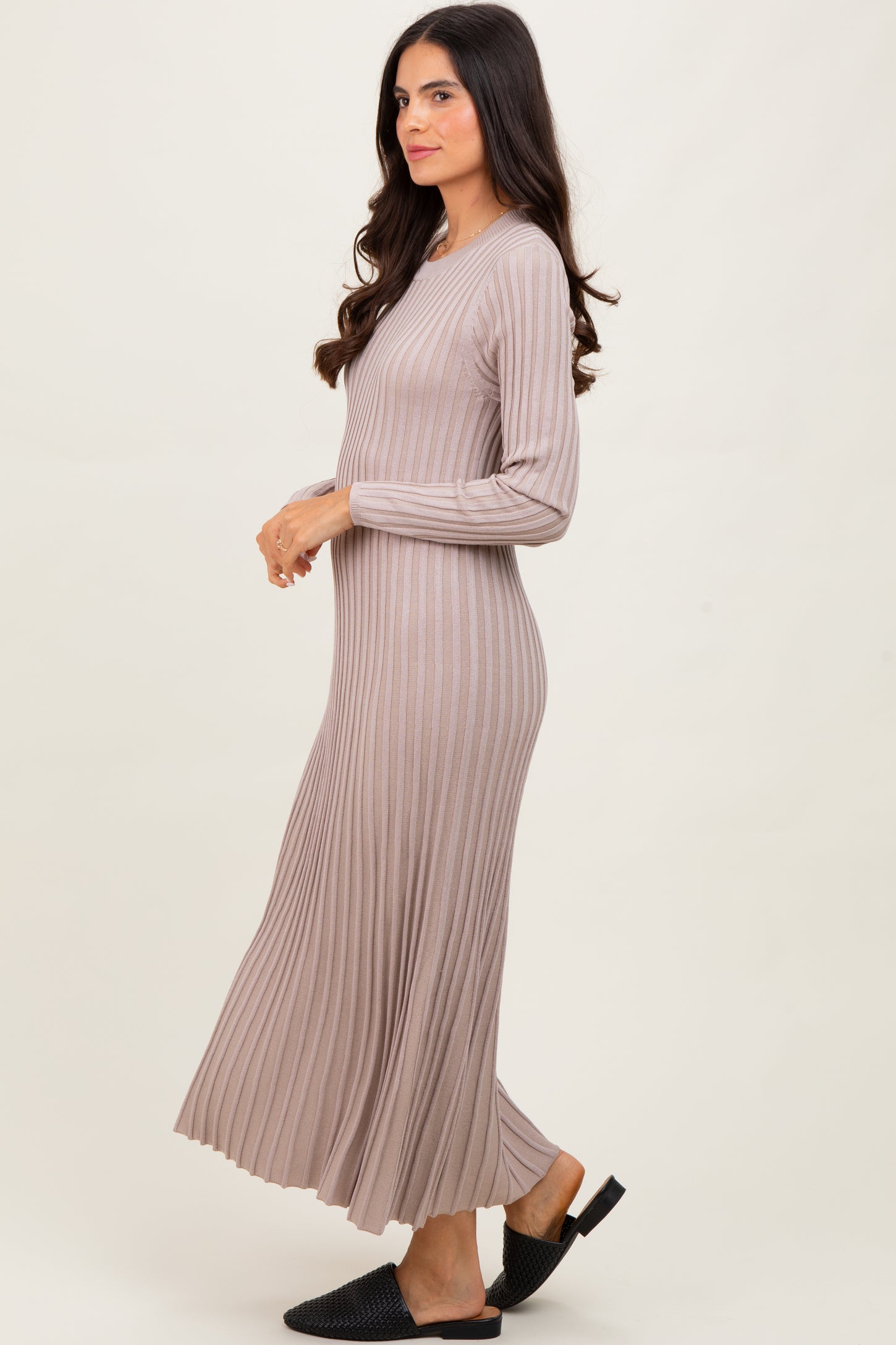 Beige Ribbed Long Sleeve Sweater Midi Dress