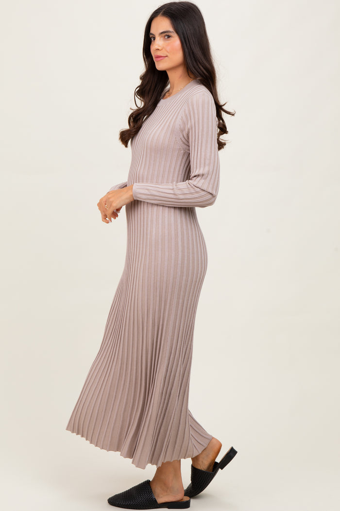 Beige Ribbed Long Sleeve Sweater Midi Dress