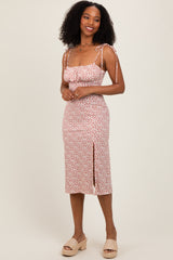 Red Printed Shoulder Tie Midi Dress