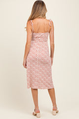 Red Printed Shoulder Tie Maternity Midi Dress