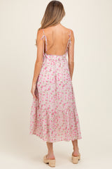 Pink Floral V-Neck Sleeveless Side Tie Maternity Midi Dress