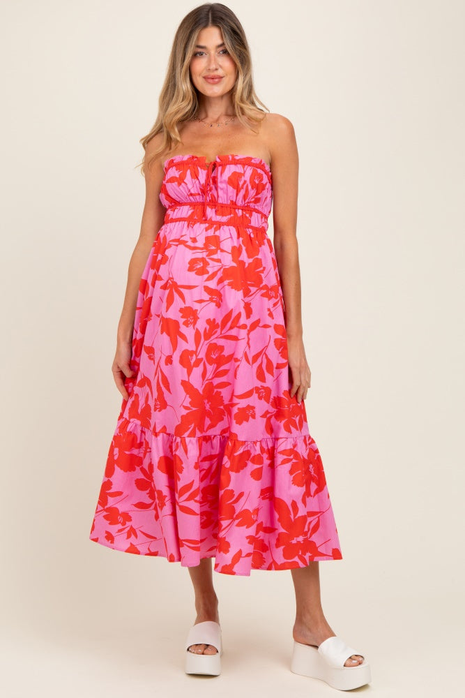 Pink Floral Strapless Front Tie Maternity Midi Dress