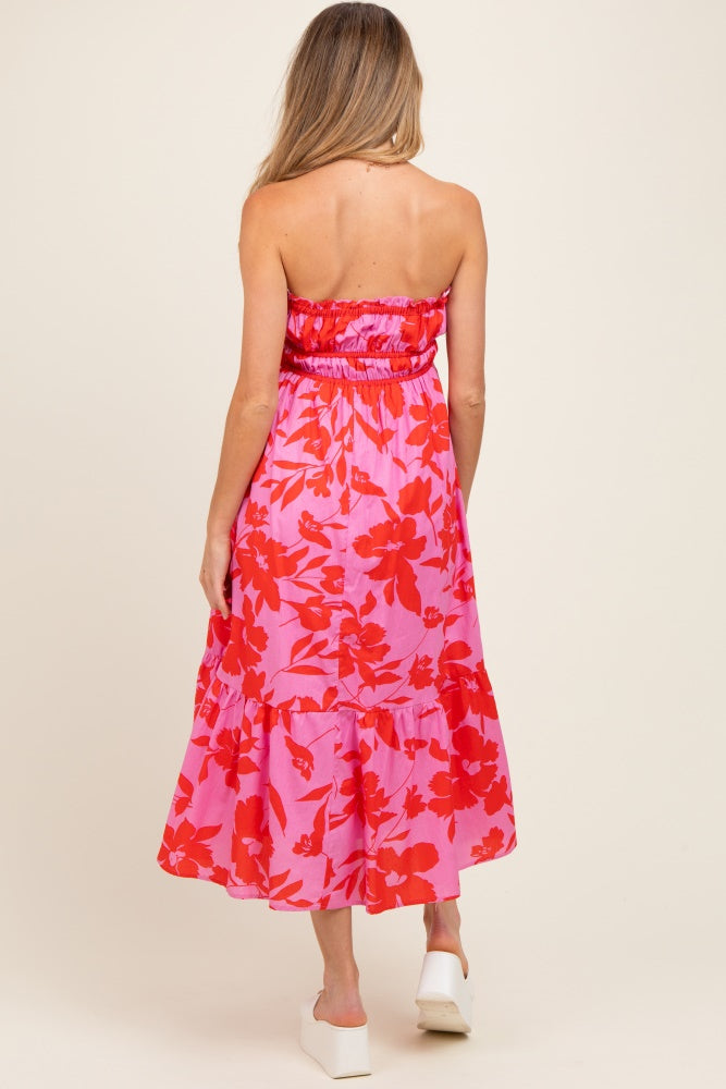 Pink Floral Strapless Front Tie Maternity Midi Dress