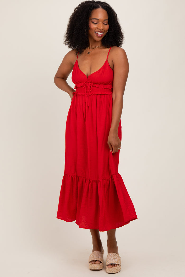 Red Ruffle Accent Sleeveless Maternity Midi Dress