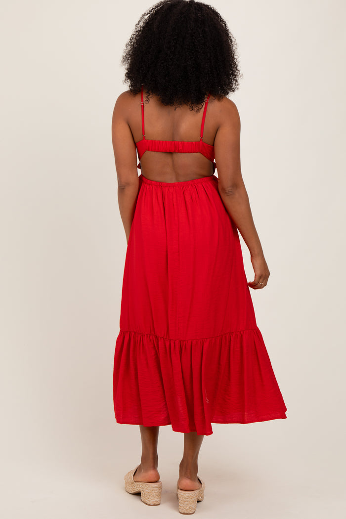 Red Ruffle Accent Sleeveless Midi Dress