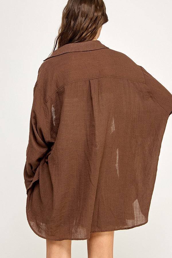 Light Brown Lightweight Sheer Button Down Blouse
