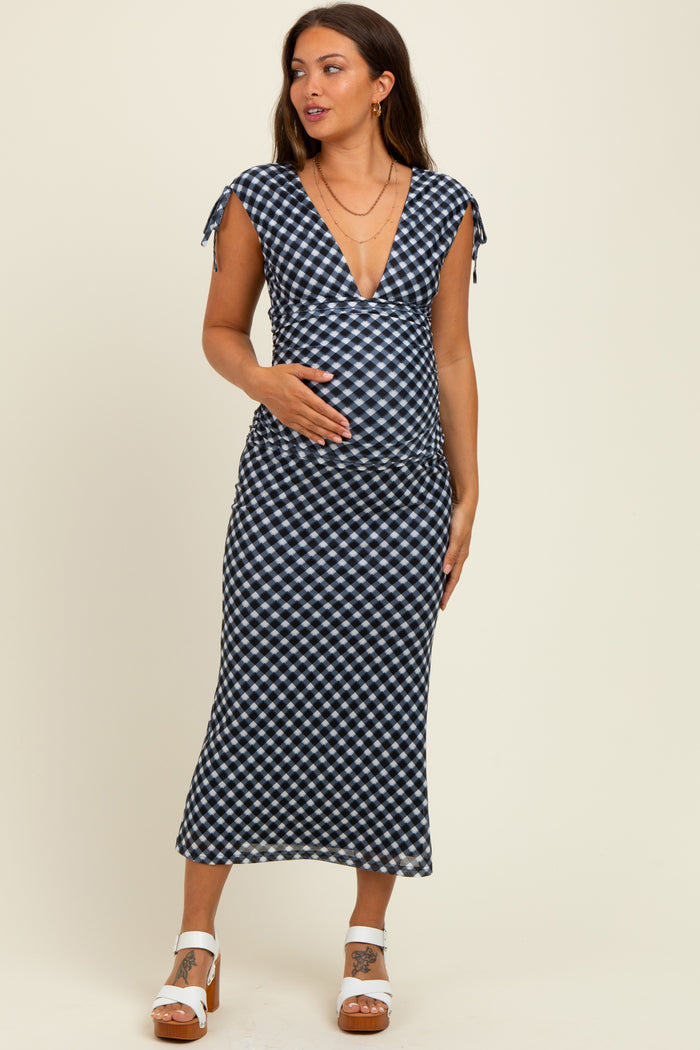 Black Ruched Gingham Shoulder Tie Maternity Maxi Dress