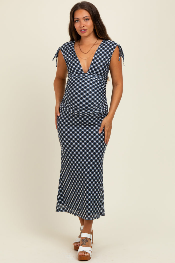 Black Ruched Gingham Shoulder Tie Maternity Maxi Dress