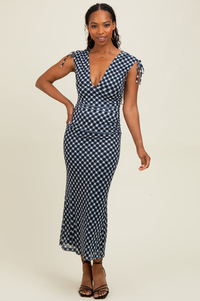 Black Ruched Gingham Shoulder Tie Maxi Dress