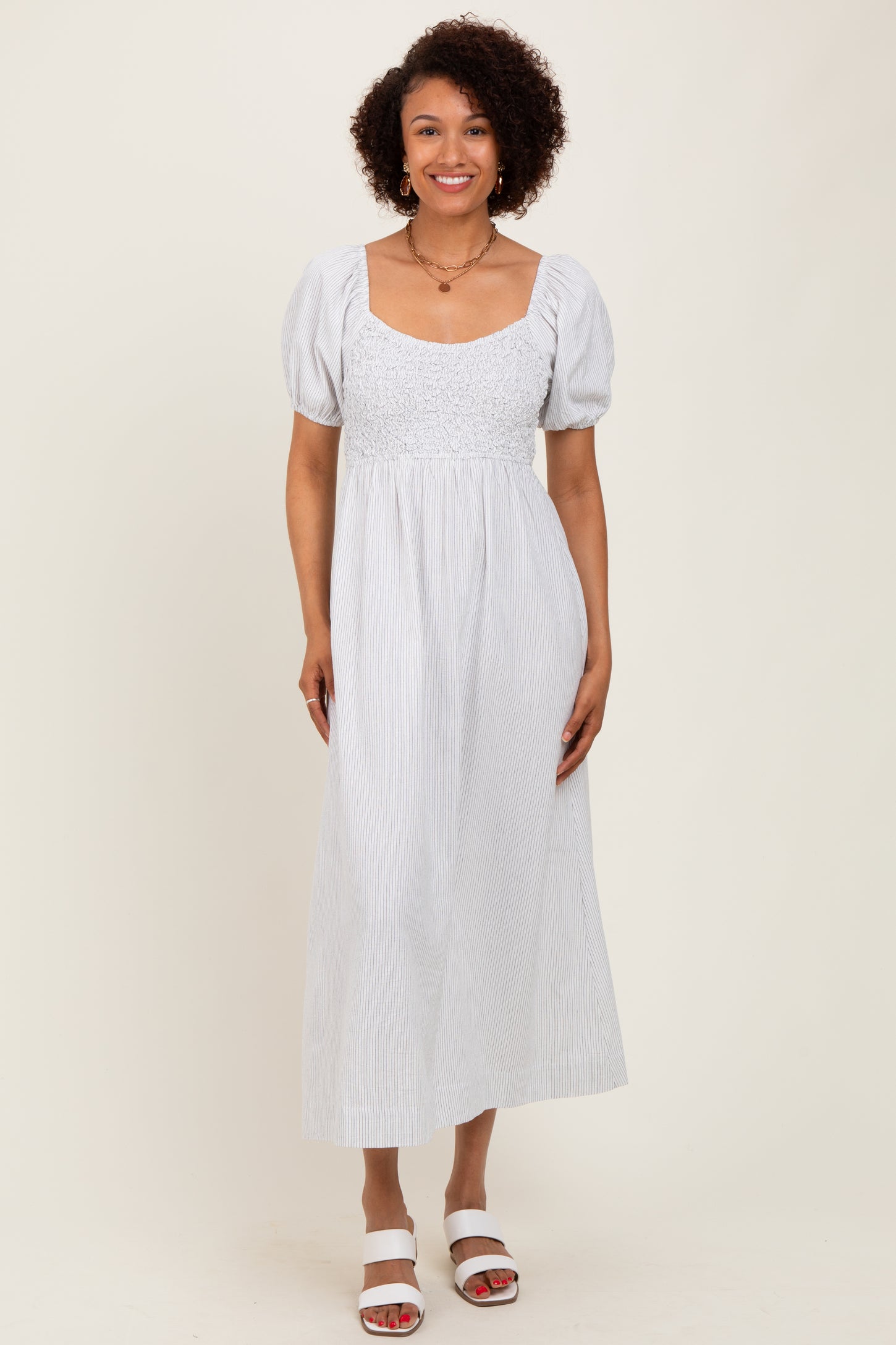 White Popcorn Smocking Bubble Sleeve Midi Dress