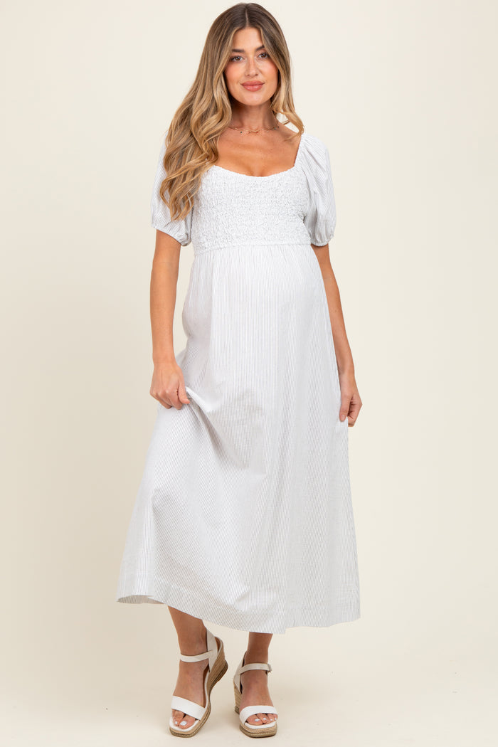 White Popcorn Smocking Bubble Sleeve Maternity Midi Dress