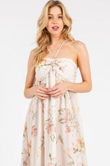 Cream Floral Chiffon Halter Maxi Dress